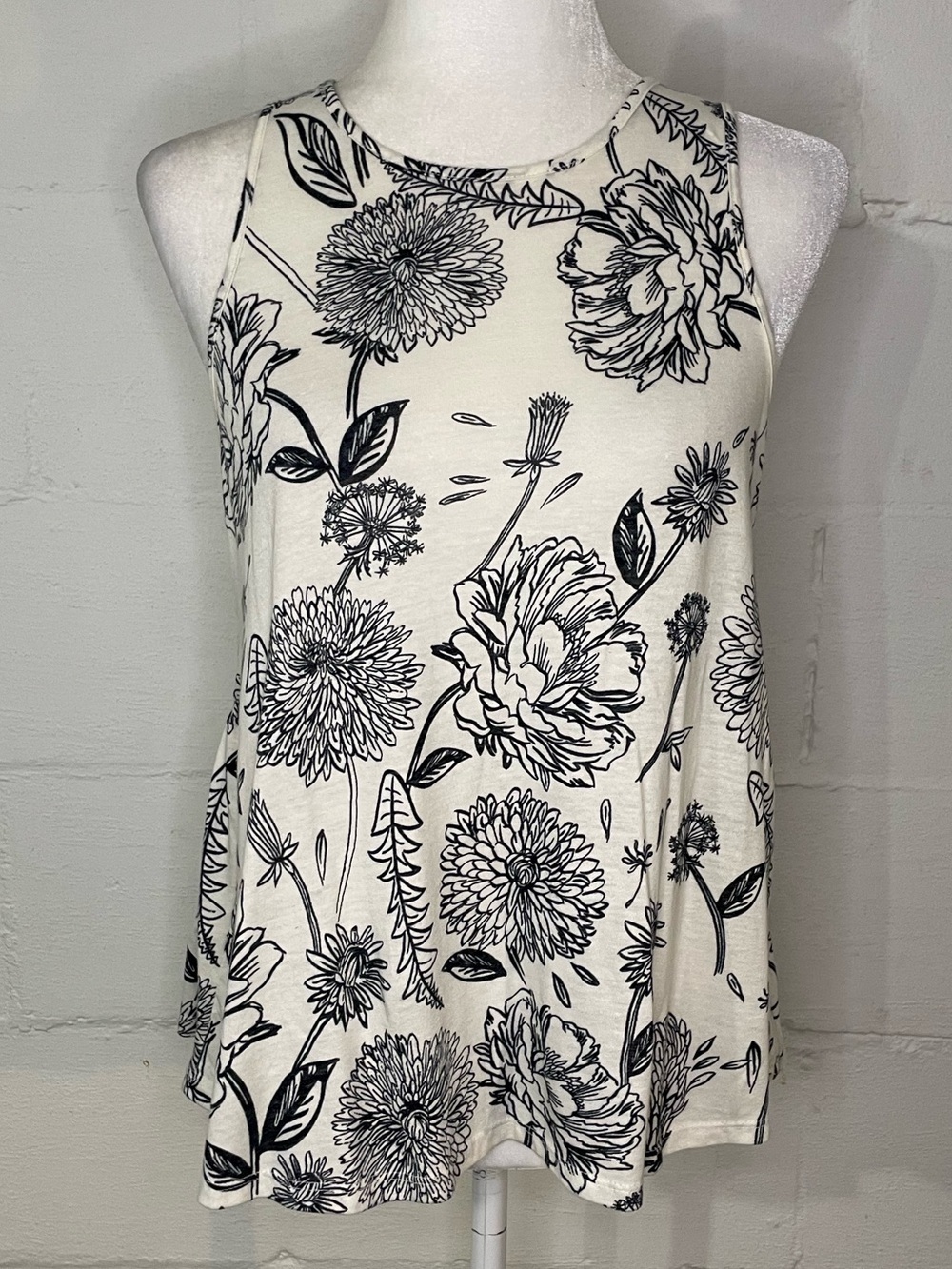 Anthropologie Cream Tank with Black Floral Sketch